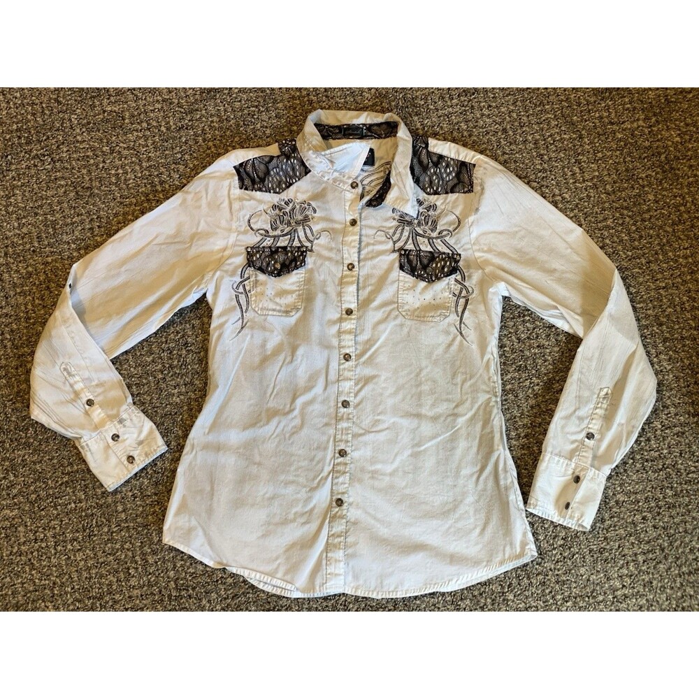 Roar Women’s Western Shirt Sinful & Sassy Embroidered Lace Snap Button Size M